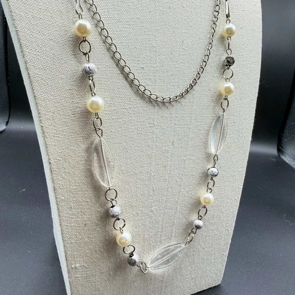 Silver Tone Faux Pearl Clear Bead Long Layering Necklace Y2K Boho Statement